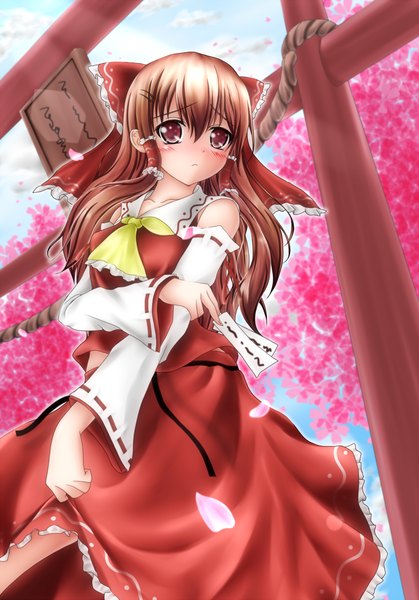 Anime picture 1200x1716 with touhou hakurei reimu hiro (725611) single long hair tall image blush red eyes brown hair miko girl bow hair bow detached sleeves petals torii rope