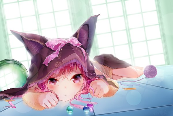 Anime picture 1486x1000 with original futoshi ame single long hair looking at viewer blush animal ears pink hair indoors lying pink eyes cat ears cat girl lens flare on stomach :3 girl frills window hood