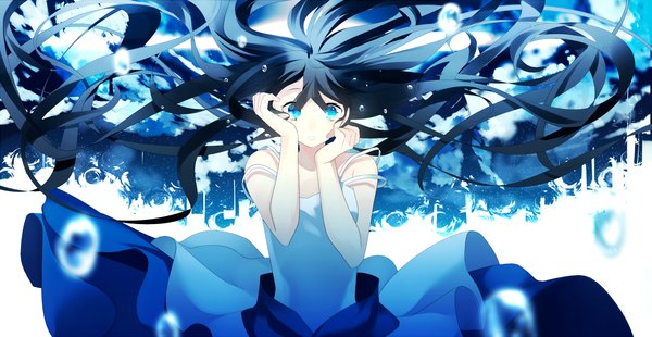Anime picture 1158x600 with original achiki single long hair looking at viewer blue eyes wide image blue hair wavy hair girl dress sundress bubble (bubbles)