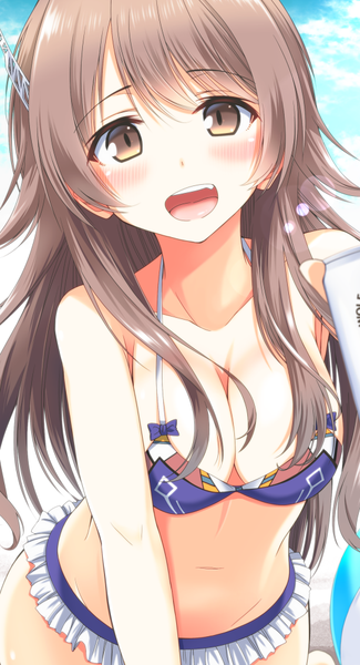 Anime picture 543x1000 with kantai collection ashigara heavy cruiser marimo kei single long hair tall image looking at viewer blush breasts open mouth light erotic large breasts brown eyes payot sky cloud (clouds) leaning leaning forward lens flare girl