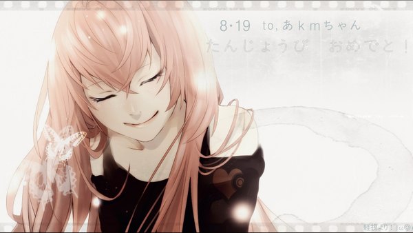 Anime picture 1599x902 with vocaloid megurine luka keishi single long hair blush fringe smile wide image bare shoulders pink hair eyes closed hieroglyph transparent girl heart insect butterfly number (numbers)