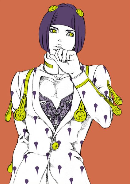 Anime picture 566x800 with jojo no kimyou na bouken bruno buccellati chounorin single tall image fringe short hair simple background green eyes looking away purple hair tattoo finger to mouth orange background boy hair ornament