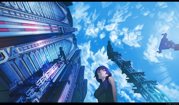 Anime picture 1700x996 with original arsenixc single short hair wide image purple eyes bare shoulders sky purple hair cloud (clouds) from below city cityscape girl animal bird (birds)