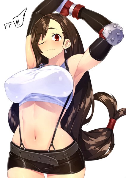 Anime picture 1446x2046 with final fantasy final fantasy vii square enix tifa lockhart 23 (real xxiii) single long hair tall image looking at viewer blush fringe breasts light erotic red eyes brown hair white background one eye closed inscription arms up bare belly