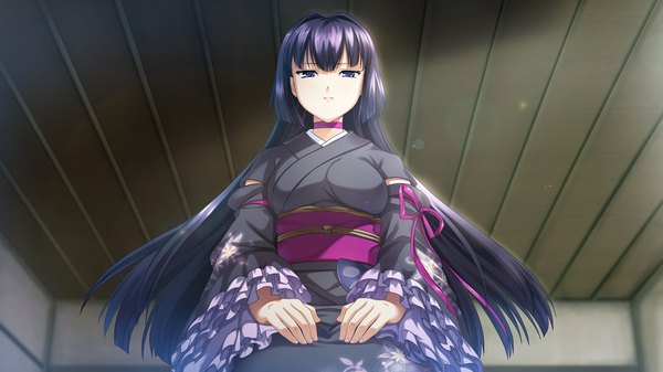 Anime picture 1280x720 with izuna zanshinken (game) long hair blue eyes wide image game cg purple hair japanese clothes girl kimono