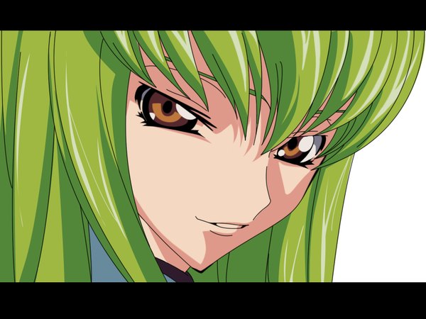 Anime picture 1600x1200 with code geass sunrise (studio) c.c. single long hair looking at viewer fringe white background brown eyes parted lips green hair vector girl