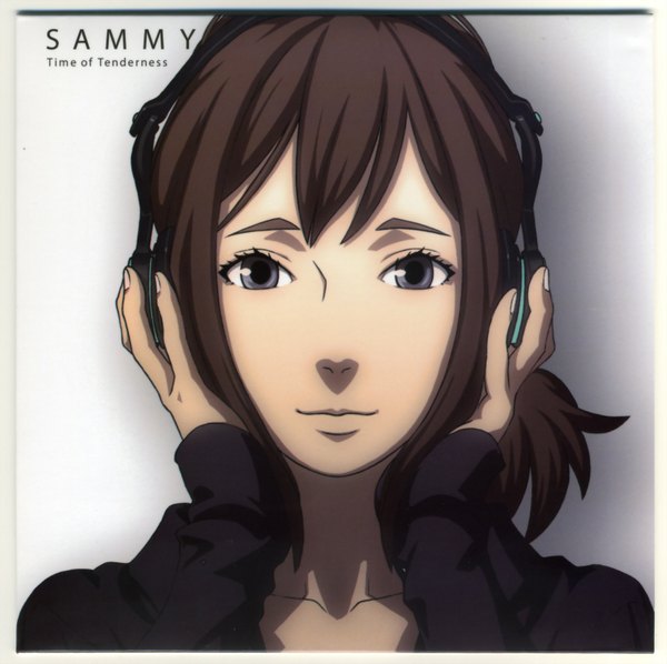 Anime picture 1593x1589 with eve no jikan sammy (eve no jikan) brown hair white background light smile scan inscription grey eyes portrait face framed girl headphones cyborg