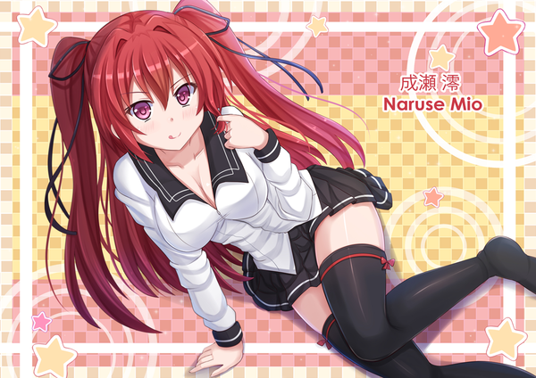 Anime picture 1337x945 with shinmai maou no testament production ims naruse mio kazenokaze single long hair blush smile red eyes twintails red hair girl thighhighs skirt ribbon (ribbons) black thighhighs hair ribbon shirt tongue