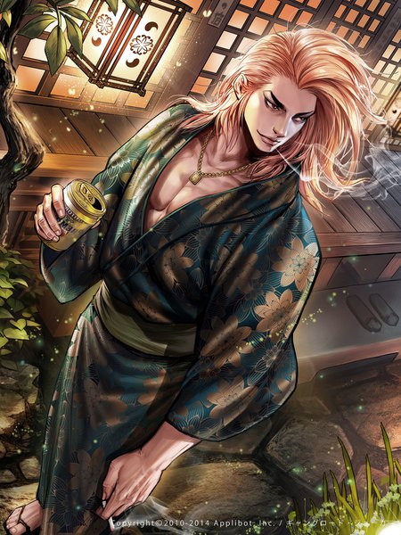 Anime picture 1500x2000 with furyou michi ~gang road~ tae seop shin single long hair tall image blonde hair brown eyes looking away traditional clothes japanese clothes from above realistic smoke eyebrows boy plant (plants) necklace drink alcohol lantern