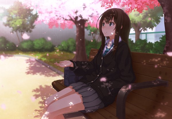 Anime picture 1200x831 with idolmaster idolmaster cinderella girls shibuya rin nagomu (artist) single long hair fringe smile brown hair sitting green eyes looking away outdoors pleated skirt fingernails cherry blossoms outstretched arm open collar hand in pocket girl
