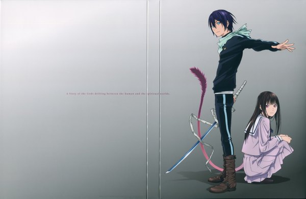 Anime picture 6807x4428 with noragami studio bones yato (noragami) iki hiyori long hair looking at viewer fringe highres short hair smile brown hair standing purple eyes holding absurdres purple hair tail aqua eyes scan official art