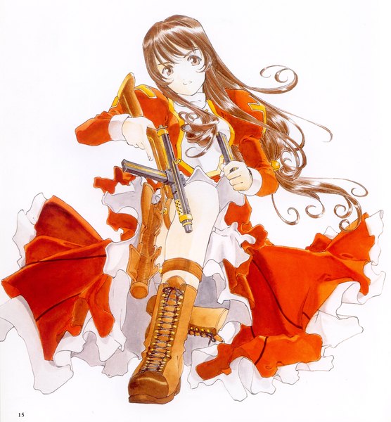 Anime picture 4117x4445 with sakura taisen erica fontaine single long hair tall image highres simple background brown hair white background brown eyes absurdres lacing girl dress weapon boots gun red dress