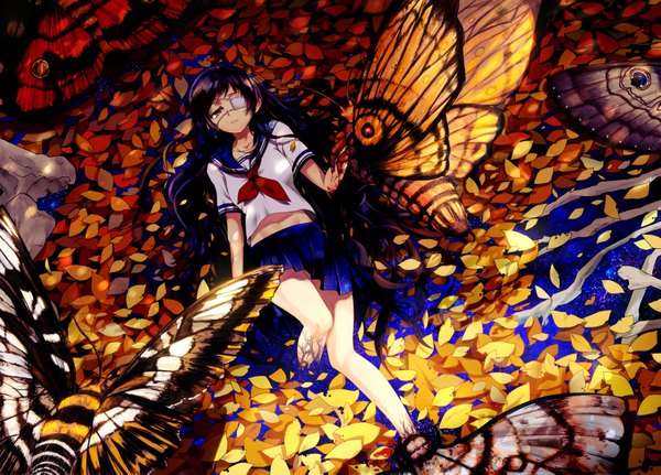 Anime picture 3649x2622 with original niniright looking at viewer highres black hair brown eyes absurdres purple hair girl uniform school uniform water insect butterfly eyepatch autumn leaves
