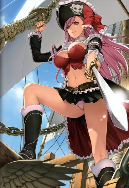 Anime picture 2734x3982 with queen's blade rebellion captain liliana oda non single tall image highres breasts light erotic smile large breasts bare belly legs pirate girl skirt navel underwear panties weapon hat