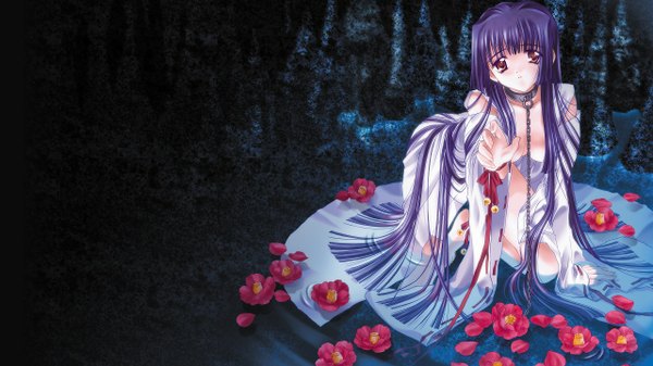 Anime picture 1280x720 with kao no nai tsuki kuraki suzuna carnelian single long hair looking at viewer breasts light erotic black hair red eyes wide image blue hair very long hair outstretched arm black background on all fours girl flower (flowers) petals chain