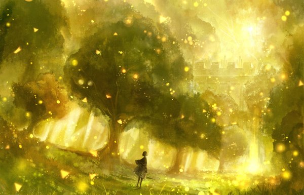 Anime picture 1400x900 with original bounin single short hair brown hair wind from behind sunlight girl plant (plants) tree (trees) building (buildings) cape grass forest sun
