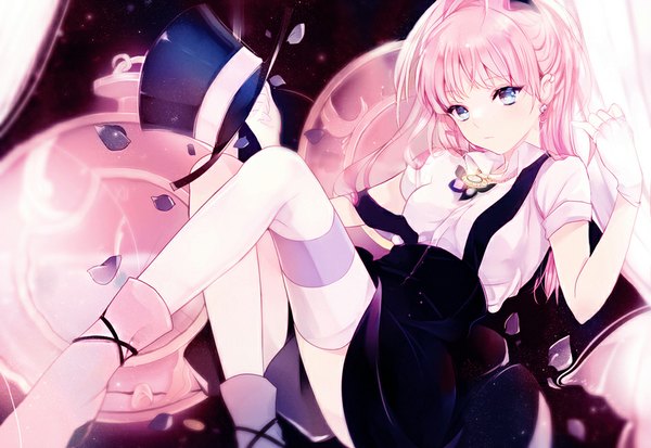 Anime picture 950x654 with original lpip single long hair looking at viewer fringe blue eyes sitting holding pink hair bent knee (knees) hat removed girl gloves hat earrings petals socks white gloves hat ribbon