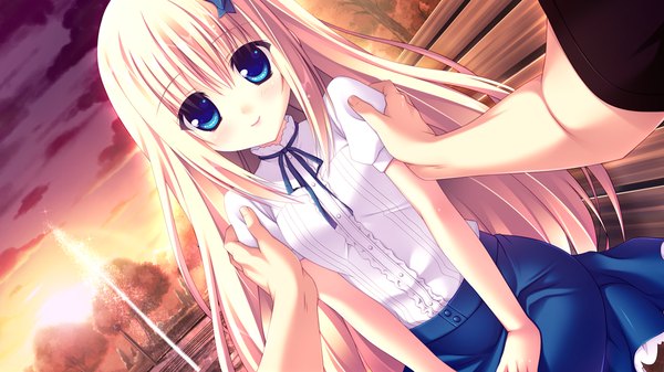 Anime picture 1024x576 with lovely quest tagme (character) long hair blue eyes blonde hair smile wide image game cg dutch angle evening sunset solo focus pov girl dress