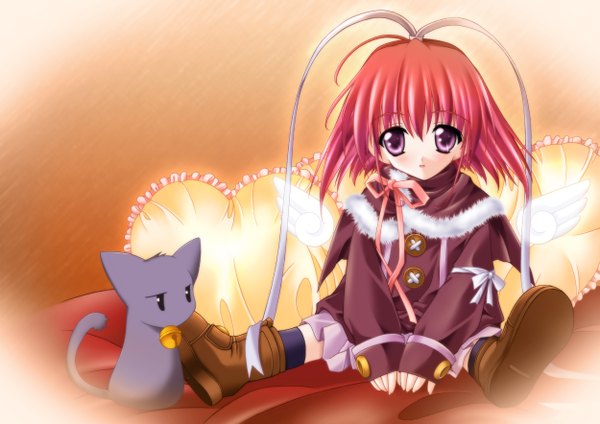 Anime picture 2500x1768 with sayorana etranger kisaragi haruka amane sou highres short hair sitting purple eyes red hair angel wings girl bow ribbon (ribbons) hair ribbon animal wings pillow cat