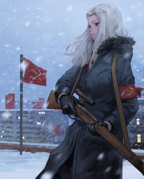 Anime picture 3300x4100 with girls und panzer clara (girls und panzer) tomiya (tomiya2117) single long hair tall image highres standing holding looking away absurdres sky outdoors white hair fur trim city snowing winter snow city lights