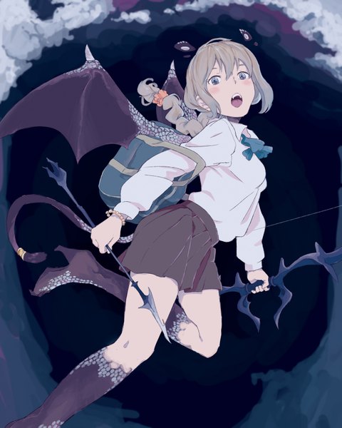 Anime picture 2646x3307 with original taisos single long hair tall image looking at viewer blush highres open mouth blue eyes brown hair animal ears cloud (clouds) braid (braids) pleated skirt high heels flying dragon girl girl skirt