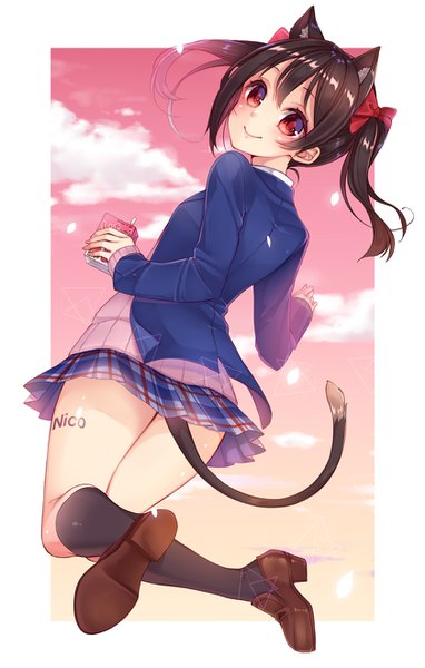 Anime picture 840x1320 with love live! school idol project sunrise (studio) love live! yazawa nico ripu (sherypton) single long hair tall image looking at viewer blush fringe light erotic smile hair between eyes red eyes brown hair twintails holding animal ears sky