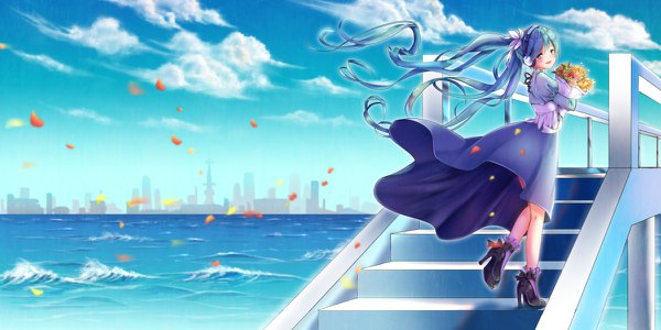 Anime picture 1200x600 with vocaloid hatsune miku kyashii (a3yu9mi) single long hair looking at viewer open mouth blue eyes smile wide image standing holding blue hair sky cloud (clouds) full body outdoors long sleeves looking back wind