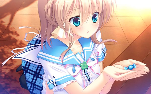 Anime picture 1280x800 with koisuru shimai no sextet mihama suzuka kawauchi (kaz7ry) single blush short hair open mouth blue eyes blonde hair game cg sunlight girl skirt uniform bow ribbon (ribbons) hair ribbon school uniform shirt food