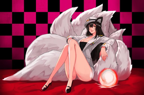 Anime picture 1280x848 with league of legends ahri (league of legends) goomrrat single long hair light erotic black hair sitting animal ears yellow eyes looking away tail legs magic facial mark multiple tails whisker markings girl uniform