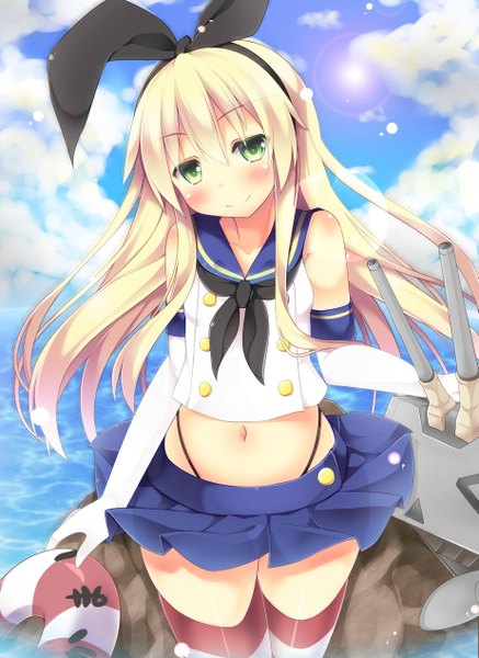 Anime picture 1846x2535 with kantai collection shimakaze destroyer rensouhou-chan koushuu aki single long hair tall image looking at viewer blush highres blonde hair smile green eyes sky cloud (clouds) midriff girl thighhighs gloves navel