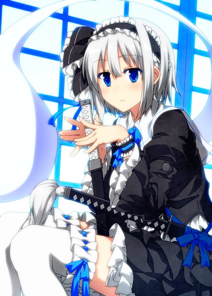 Anime picture 1200x1678 with touhou konpaku youmu myon sazanami mio single tall image looking at viewer blush short hair blue eyes sitting silver hair ghost girl thighhighs dress weapon white thighhighs sword frills