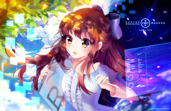 Anime picture 1500x970 with shelter (music video) rin (shelter) squchan single long hair blush brown hair looking away sky cloud (clouds) :o orange eyes half updo surprised futuristic girl dress bow ribbon (ribbons) hair bow