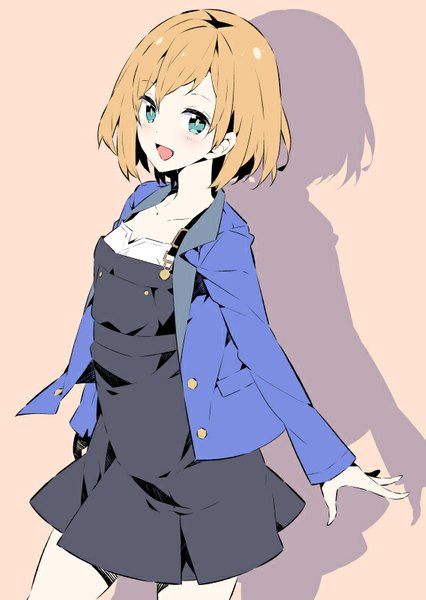 Anime picture 569x800 with shirobako p.a. works miyamori aoi haruse hiroki single tall image looking at viewer blush short hair open mouth simple background blonde hair aqua eyes shadow pink background girl blazer