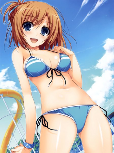 Anime picture 3150x4210 with kimi to issho ni harada taiko tomose shunsaku tall image blush highres short hair breasts open mouth blue eyes light erotic brown hair absurdres sky cloud (clouds) scan one side up girl hair ornament ribbon (ribbons)