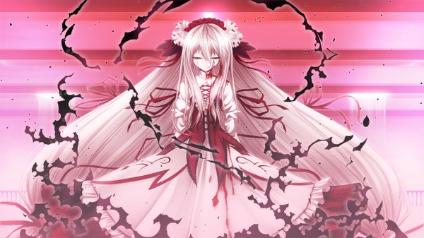 Anime picture 1280x720 with gothic delusion reimia cura single fringe wide image pink hair very long hair pink eyes loli lolita fashion girl dress ribbon (ribbons) hair ribbon headdress blood