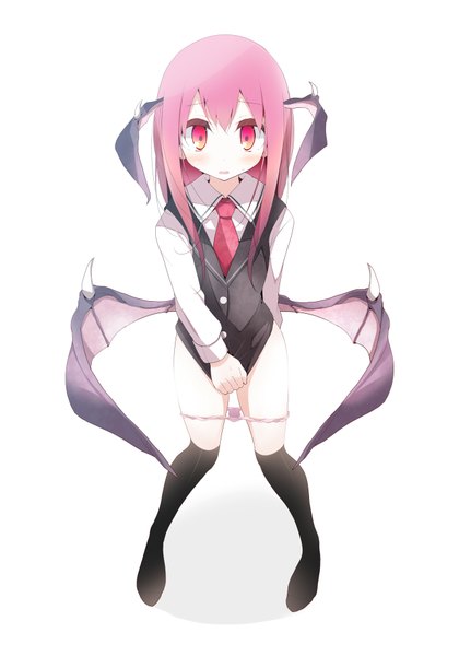 Anime picture 1281x1831 with touhou koakuma oouso (usotsukiya) long hair tall image looking at viewer blush light erotic simple background red eyes white background purple hair panty pull head wings girl thighhighs black thighhighs wings