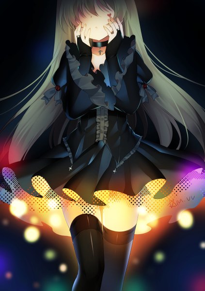 Anime picture 900x1277 with original delores (mvv) mvv single tall image fringe standing signed green hair facial mark lolita fashion hair over eyes hands on face girl thighhighs dress black thighhighs choker heart black dress