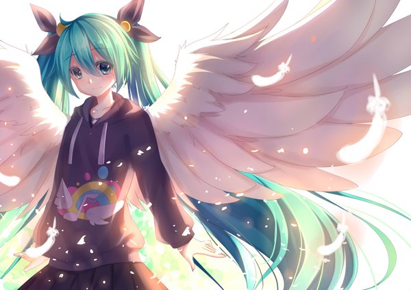 Anime picture 3507x2480 with vocaloid hatsune miku single blush highres white background twintails absurdres very long hair aqua eyes aqua hair girl bow hair bow wings feather (feathers)