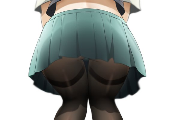Anime picture 1456x974 with kantai collection yuubari light cruiser ohiya single light erotic simple background standing white background bent knee (knees) ass pleated skirt shadow short sleeves midriff leaning depth of field leaning forward close-up head out of frame upskirt