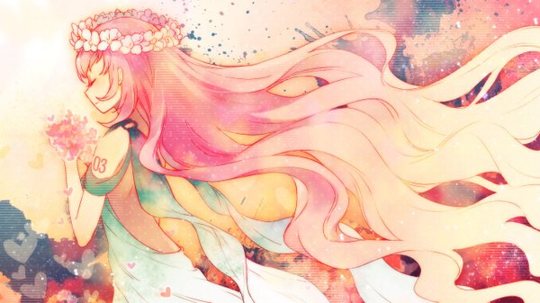 Anime picture 1280x720 with vocaloid megurine luka siting zeng single long hair wide image bare shoulders pink hair eyes closed girl dress petals wreath