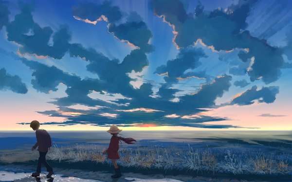 Anime picture 4000x2500 with original hangmoon highres short hair blonde hair brown hair absurdres sky cloud (clouds) wind shadow evening sunset horizon walking girl boy plant (plants) scarf grass