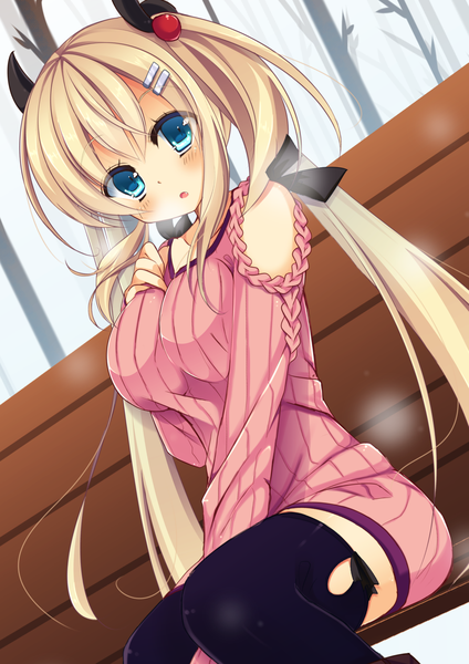 Anime picture 1158x1637 with original kinoko5123 single long hair tall image looking at viewer blush open mouth blue eyes blonde hair sitting twintails girl thighhighs hair ornament bow black thighhighs hair bow sweater bench