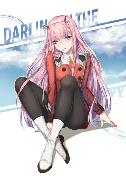 Anime picture 2480x3508 with darling in the franxx studio trigger zero two (darling in the franxx) xiao hei jiang bushi jiang single long hair tall image looking at viewer blush fringe highres light erotic sitting holding payot pink hair cloud (clouds) full body bent knee (knees) blunt bangs