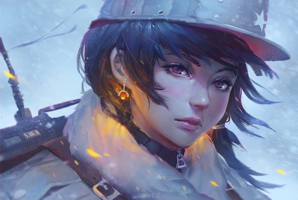 Anime picture 1335x900 with original guweiz single long hair looking at viewer blush black hair purple eyes payot upper body wind lips realistic fur trim lipstick side ponytail glowing light snowing low ponytail