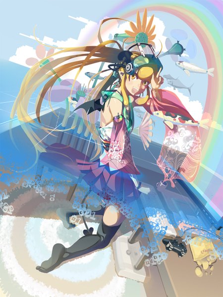 Anime picture 1024x1366 with vofan single long hair tall image blonde hair smile yellow eyes sky cloud (clouds) tail horn (horns) pointy ears teeth fang (fangs) demon girl bat wings girl thighhighs skirt flower (flowers)