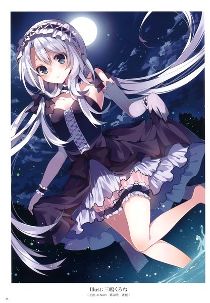 Anime picture 2430x3500 with original k-books (artbook) mishima kurone single long hair tall image blush highres blue eyes twintails white hair scan official art girl dress gloves elbow gloves frills moon