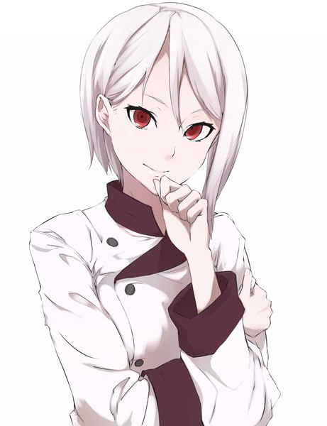 Anime picture 1000x1300 with shokugeki no soma j.c. staff nakiri alice katsuragi (osaka8o2) single tall image looking at viewer fringe short hair simple background smile hair between eyes red eyes white background upper body white hair hand to mouth albino chef girl