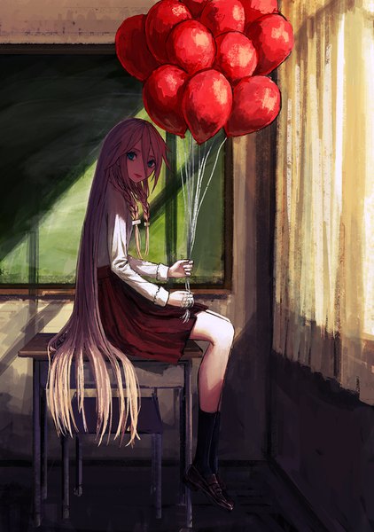 Anime picture 1000x1421 with vocaloid ia (vocaloid) menka single tall image looking at viewer fringe blue eyes hair between eyes brown hair sitting holding payot full body bent knee (knees) braid (braids) very long hair lips sunlight shadow