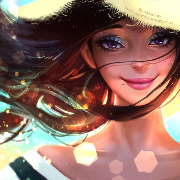 Anime picture 2000x2000 with ayyasap single long hair looking at viewer highres smile brown hair purple eyes signed lips realistic mole portrait close-up face mole under mouth freckles girl