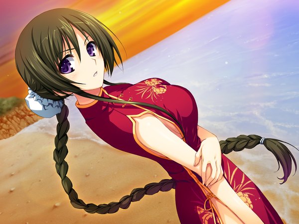 Anime picture 2560x1920 with akatsuki no goei shion (akatsuki no goei) tomose shunsaku single long hair looking at viewer highres black hair purple eyes game cg braid (braids) beach chinese clothes girl sea chinese dress